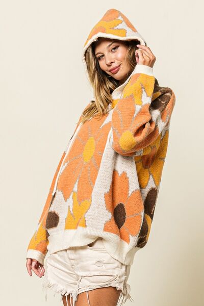 BiBi Flower Pattern Drawstring Hooded Sweater free shipping -Oh Em Gee Boutique