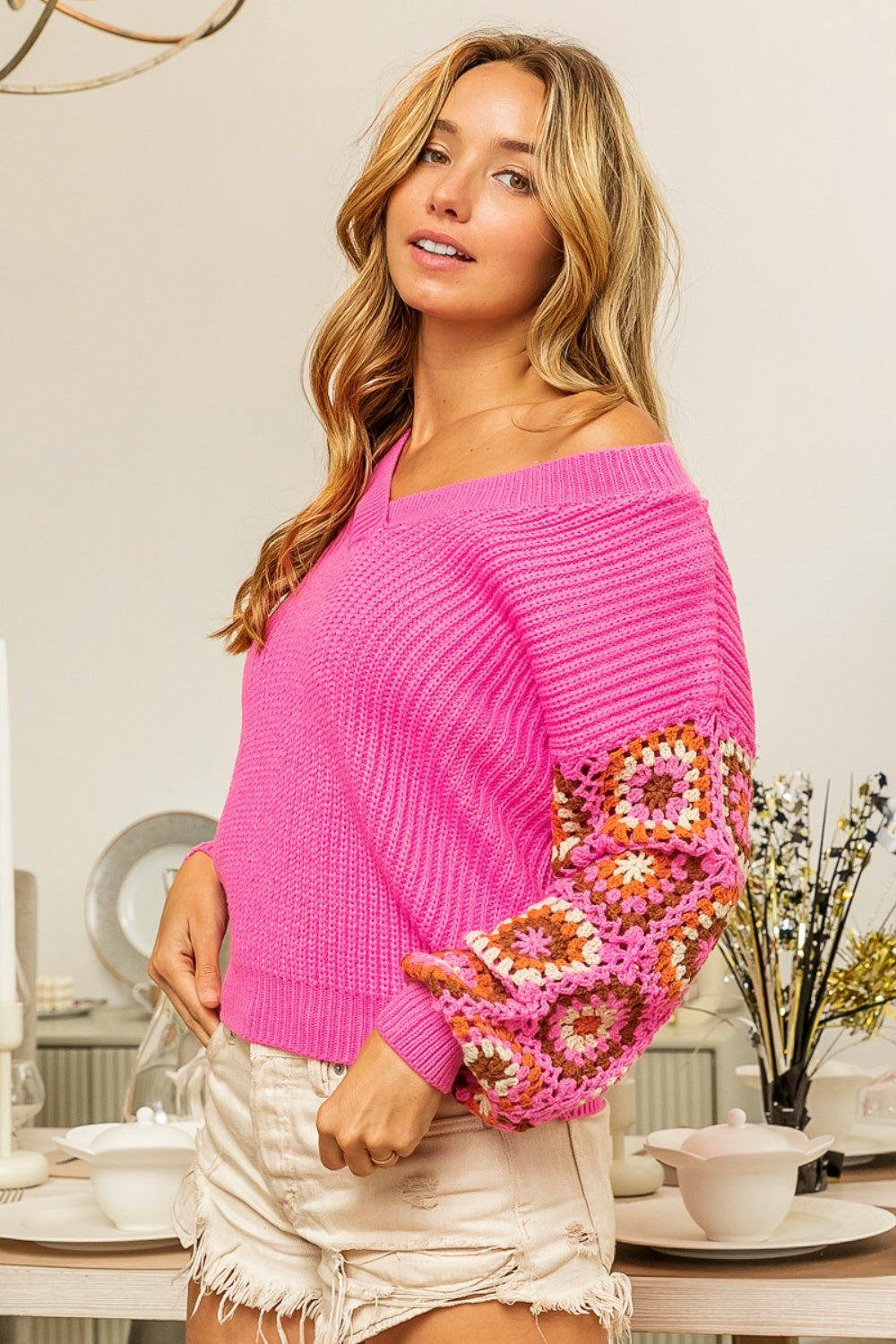 BiBi V-Neck Crochet Long Sleeve Sweater free shipping -Oh Em Gee Boutique