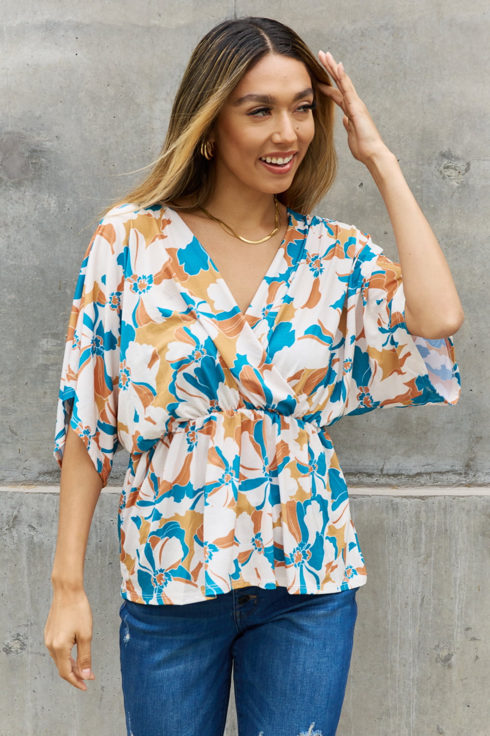 BOMBOM Floral Print Wrap Tunic Top free shipping -Oh Em Gee Boutique