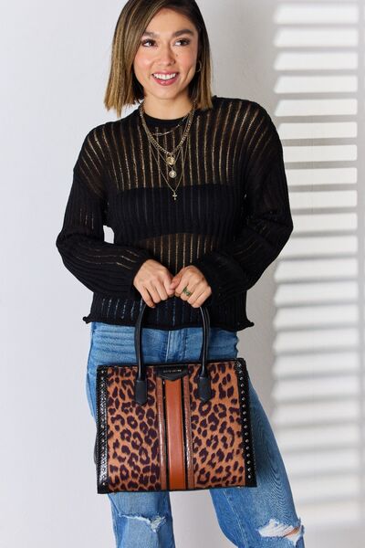 David Jones Leopard Contrast Rivet Handbag free shipping -Oh Em Gee Boutique