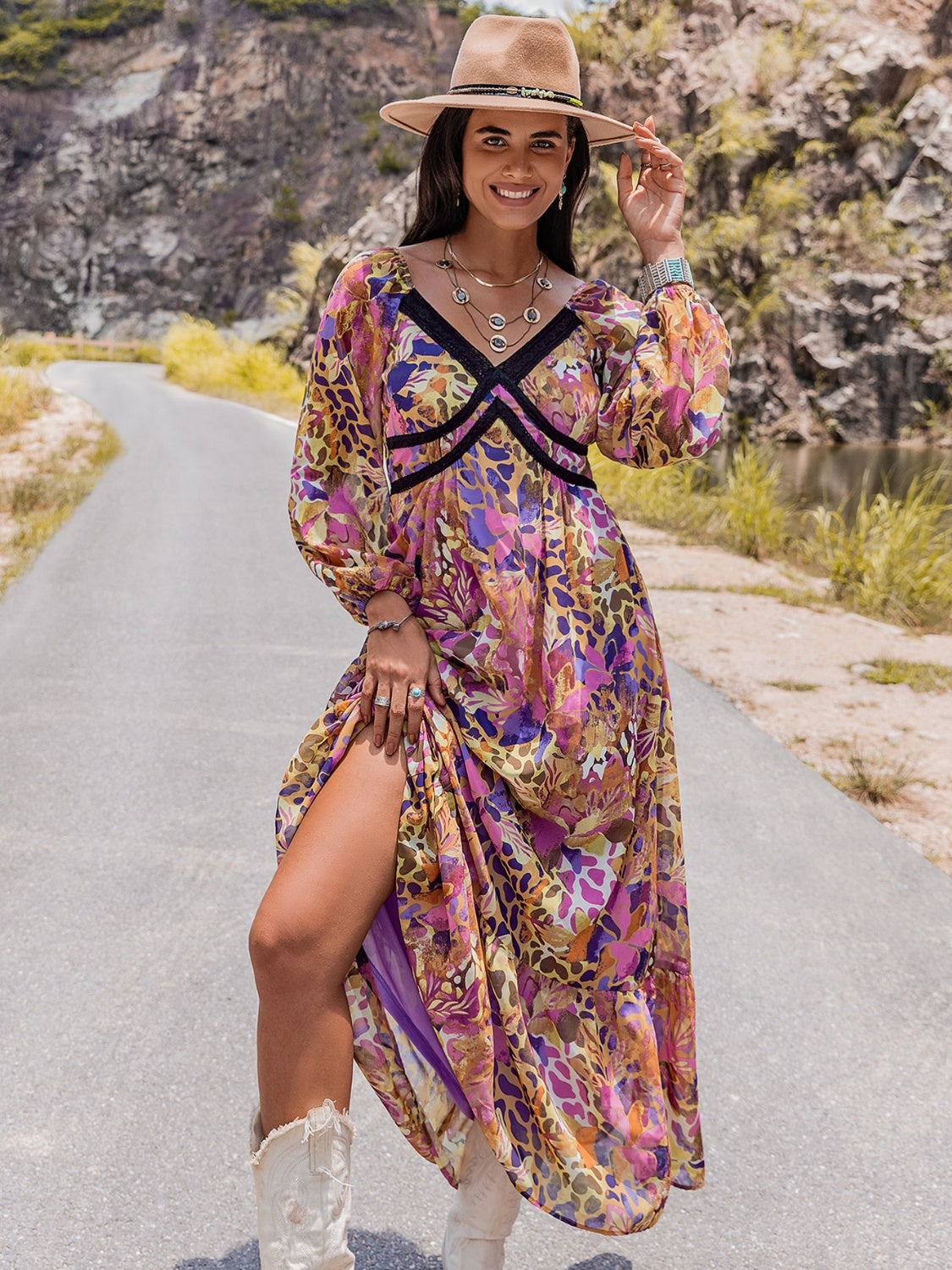 Printed V-Neck Long Sleeve Dress free shipping -Oh Em Gee Boutique