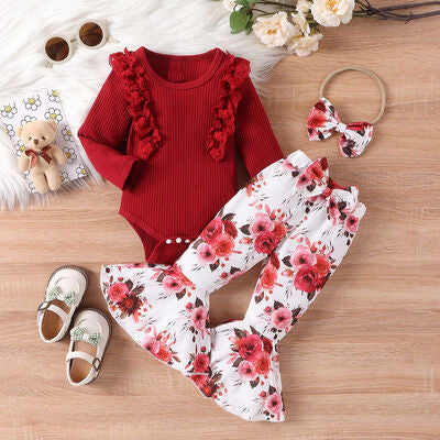 Baby's Lace Detail Round Neck Bodysuit and Bow Pants Set free shipping -Oh Em Gee Boutique