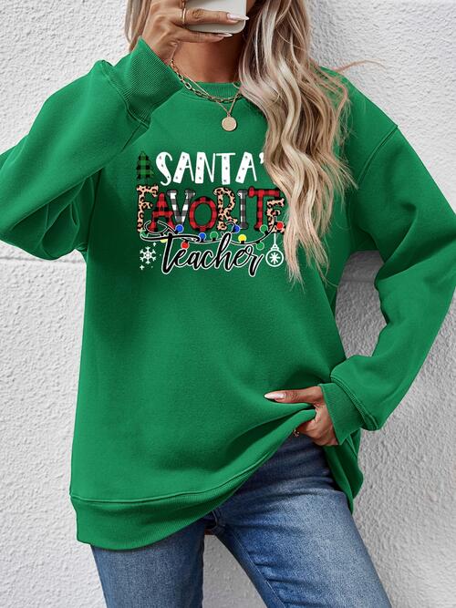 Letter Graphic Sweatshirt, Santa's Favorite Teacher free shipping -Oh Em Gee Boutique