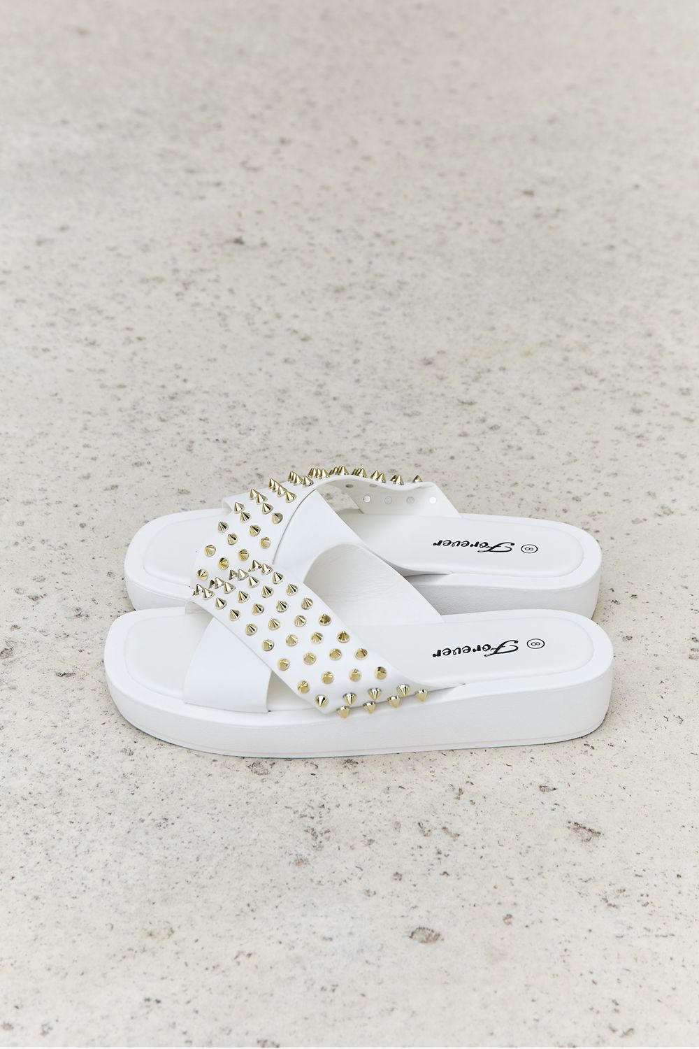 Forever Link Studded Cross Strap Sandals in White free shipping -Oh Em Gee Boutique