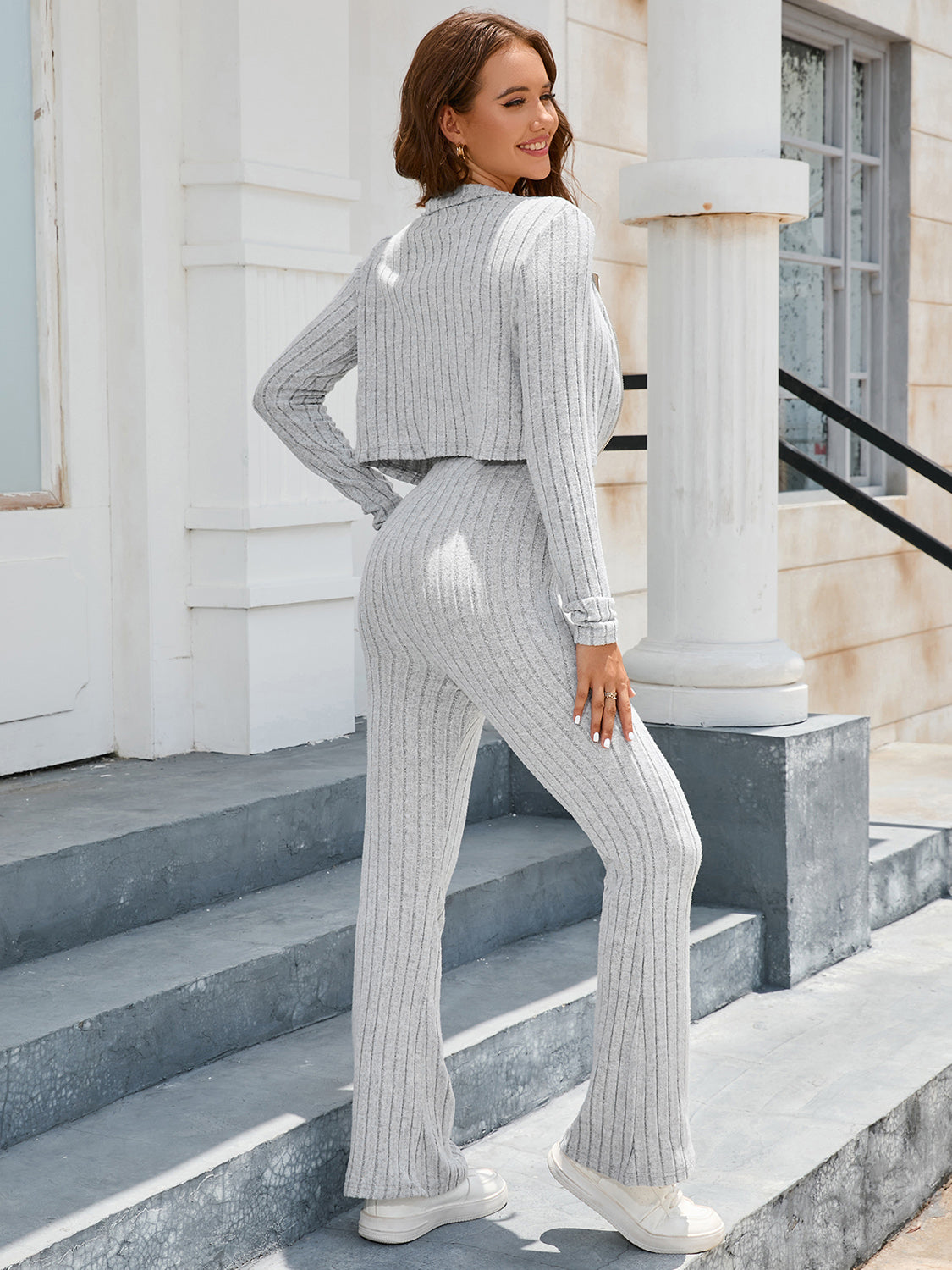Ribbed Collared Neck Zip-Up Top and Pants Set free shipping -Oh Em Gee Boutique