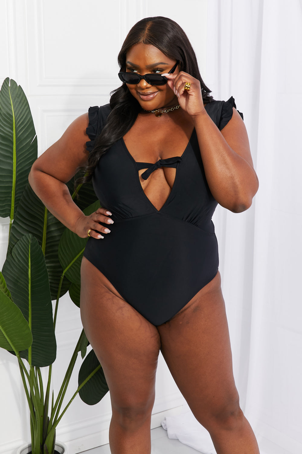Marina West Swim Seashell Ruffle Sleeve One-Piece in Black free shipping -Oh Em Gee Boutique