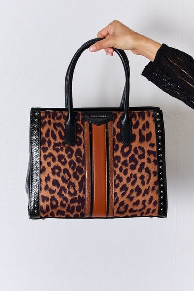 David Jones Leopard Contrast Rivet Handbag free shipping -Oh Em Gee Boutique
