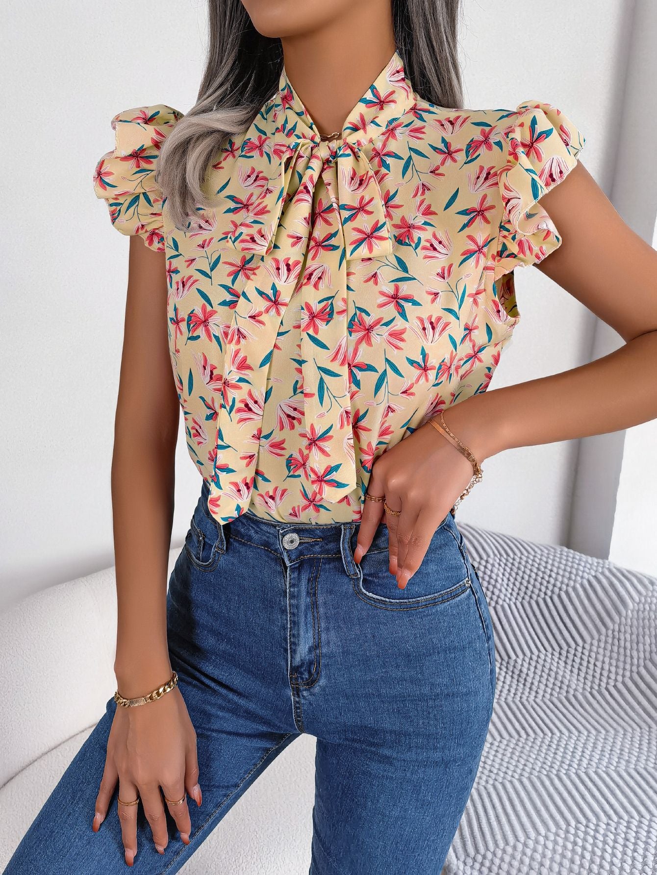 Floral Tie Neck Flutter Sleeve Blouse free shipping -Oh Em Gee Boutique