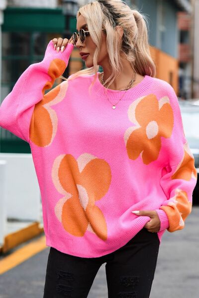 Flower Round Neck Dropped Shoulder Sweater free shipping -Oh Em Gee Boutique