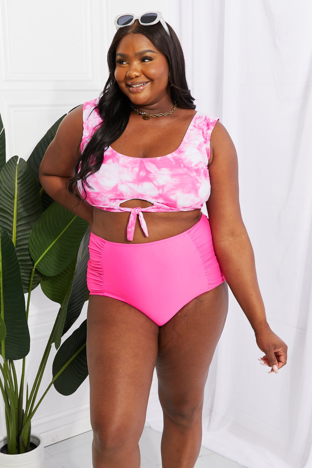 Marina West Swim Sanibel Crop Swim Top and Ruched Bottoms Set in Pink free shipping -Oh Em Gee Boutique