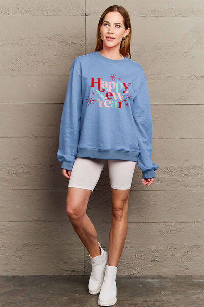 Simply Love Full Size HAPPY NEW YEAR Round Neck Sweatshirt free shipping -Oh Em Gee Boutique