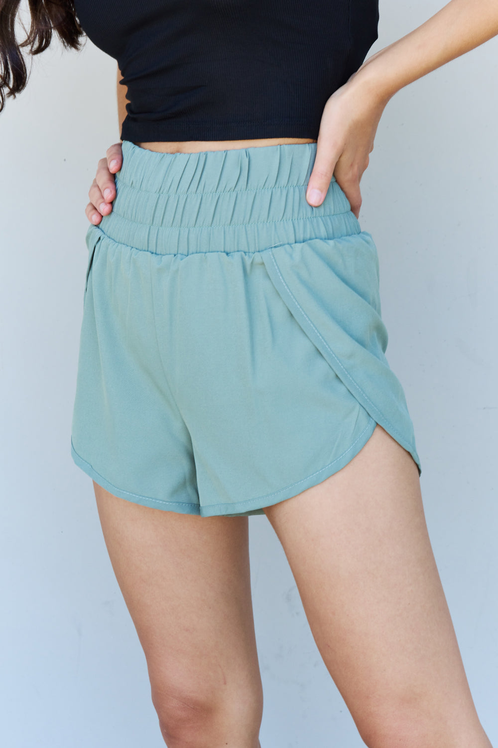 Ninexis Stay Active High Waistband Active Shorts in Pastel Blue free shipping -Oh Em Gee Boutique