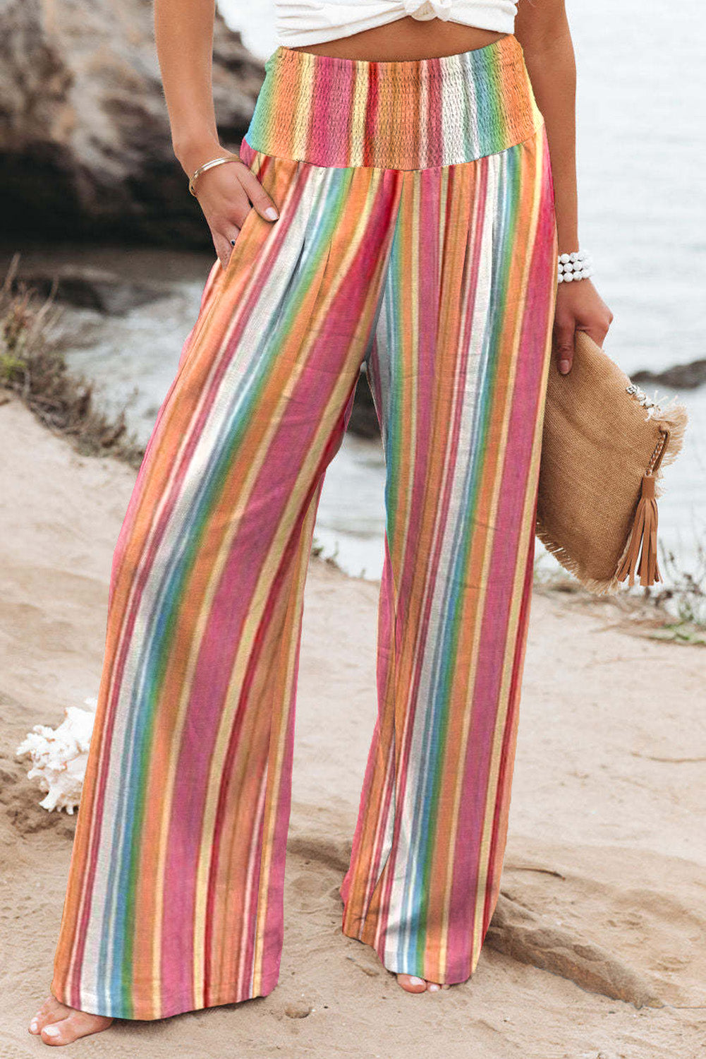 Striped Smocked Waist Pants with Pockets free shipping -Oh Em Gee Boutique