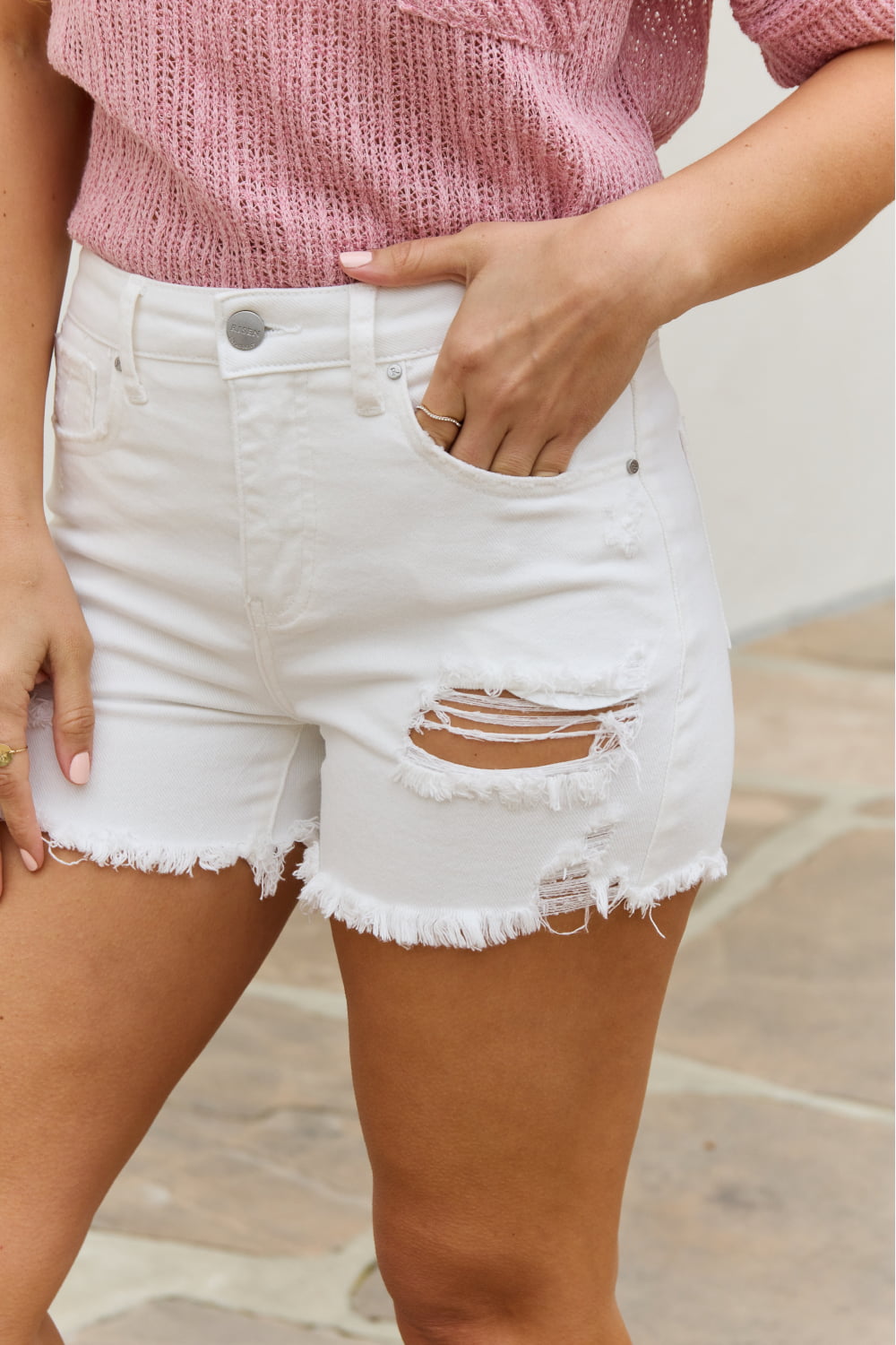 RISEN Lily High Waisted Distressed Shorts free shipping -Oh Em Gee Boutique