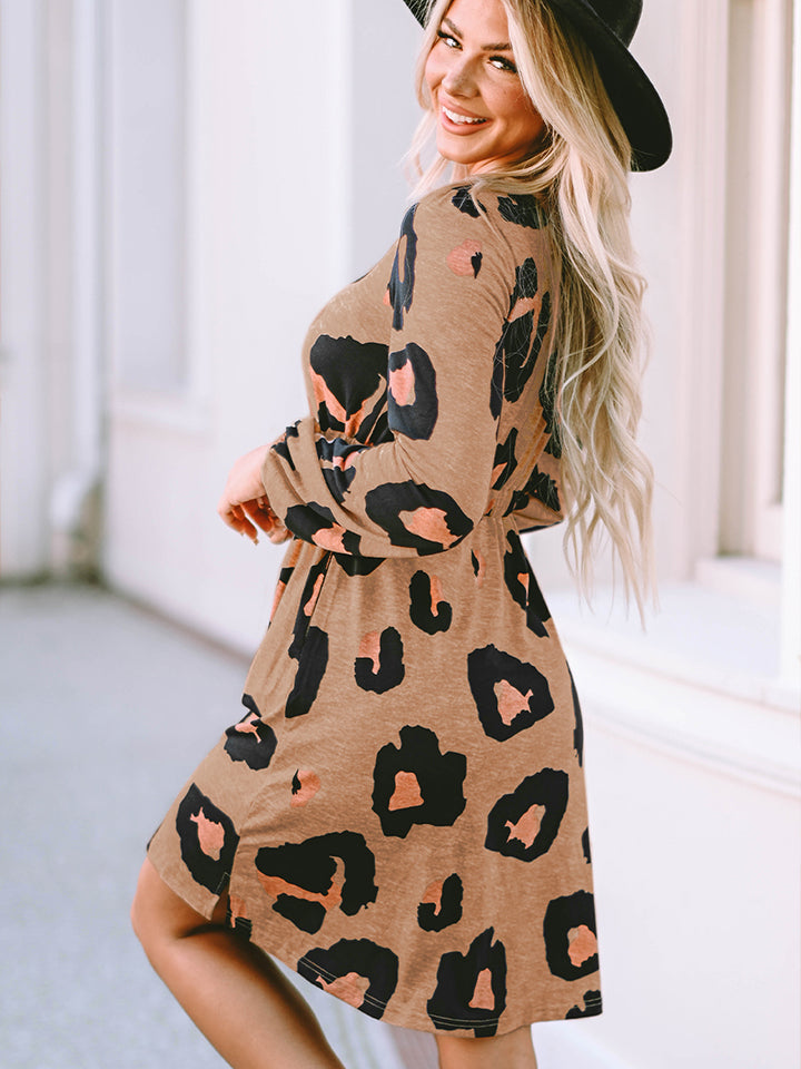 Leopard Printed Round Neck Long Sleeve Button-Up Dress free shipping -Oh Em Gee Boutique