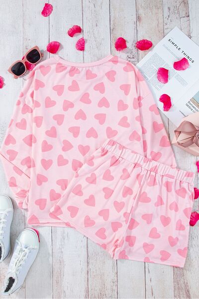 Heart Print Round Neck Top and Shorts Lounge Set free shipping -Oh Em Gee Boutique