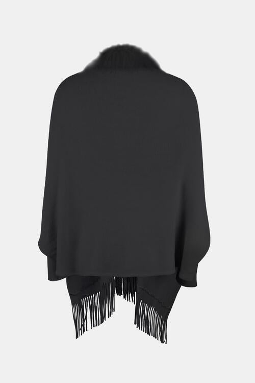 Fringe Open Front Long Sleeve Poncho free shipping -Oh Em Gee Boutique