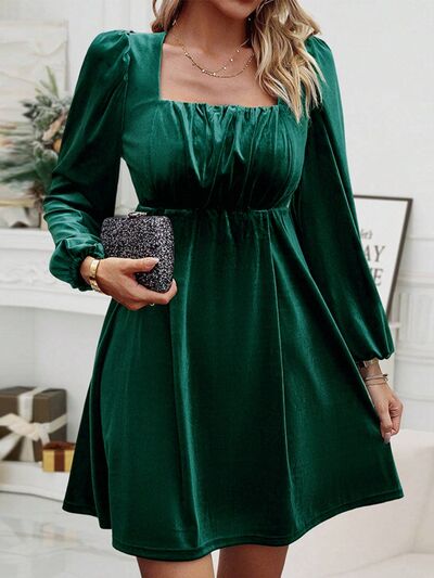 Ruched Square Neck Balloon Sleeve Dress free shipping -Oh Em Gee Boutique