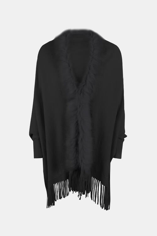 Fringe Open Front Long Sleeve Poncho free shipping -Oh Em Gee Boutique