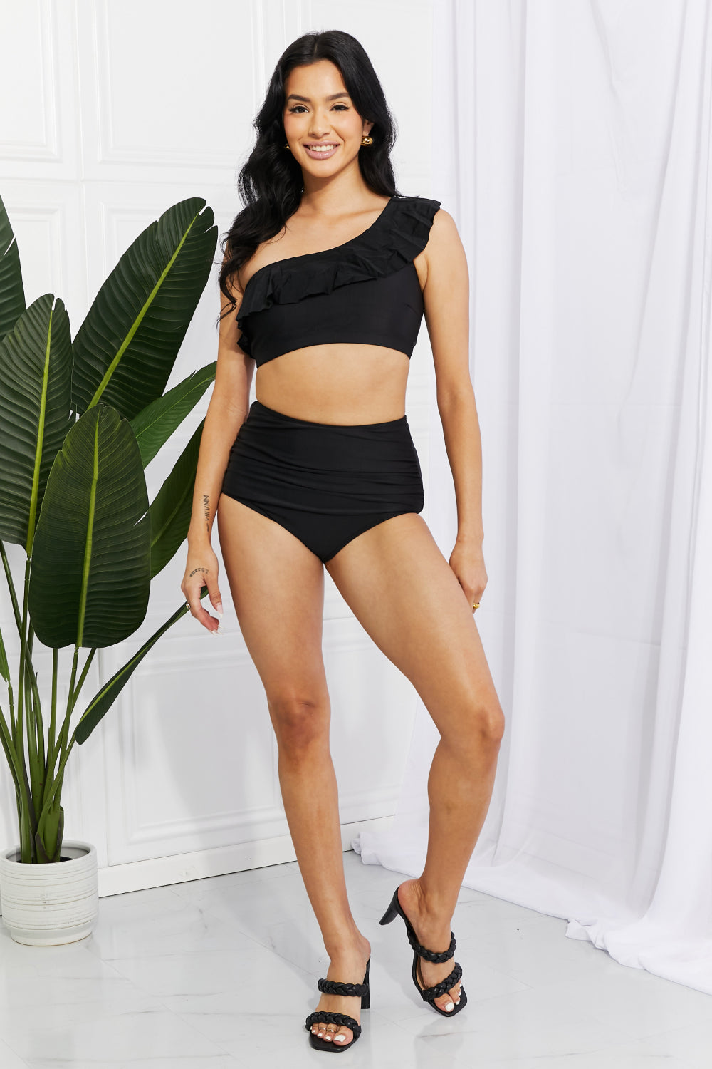 Marina West Swim Seaside Romance Ruffle One-Shoulder Bikini in Black free shipping -Oh Em Gee Boutique