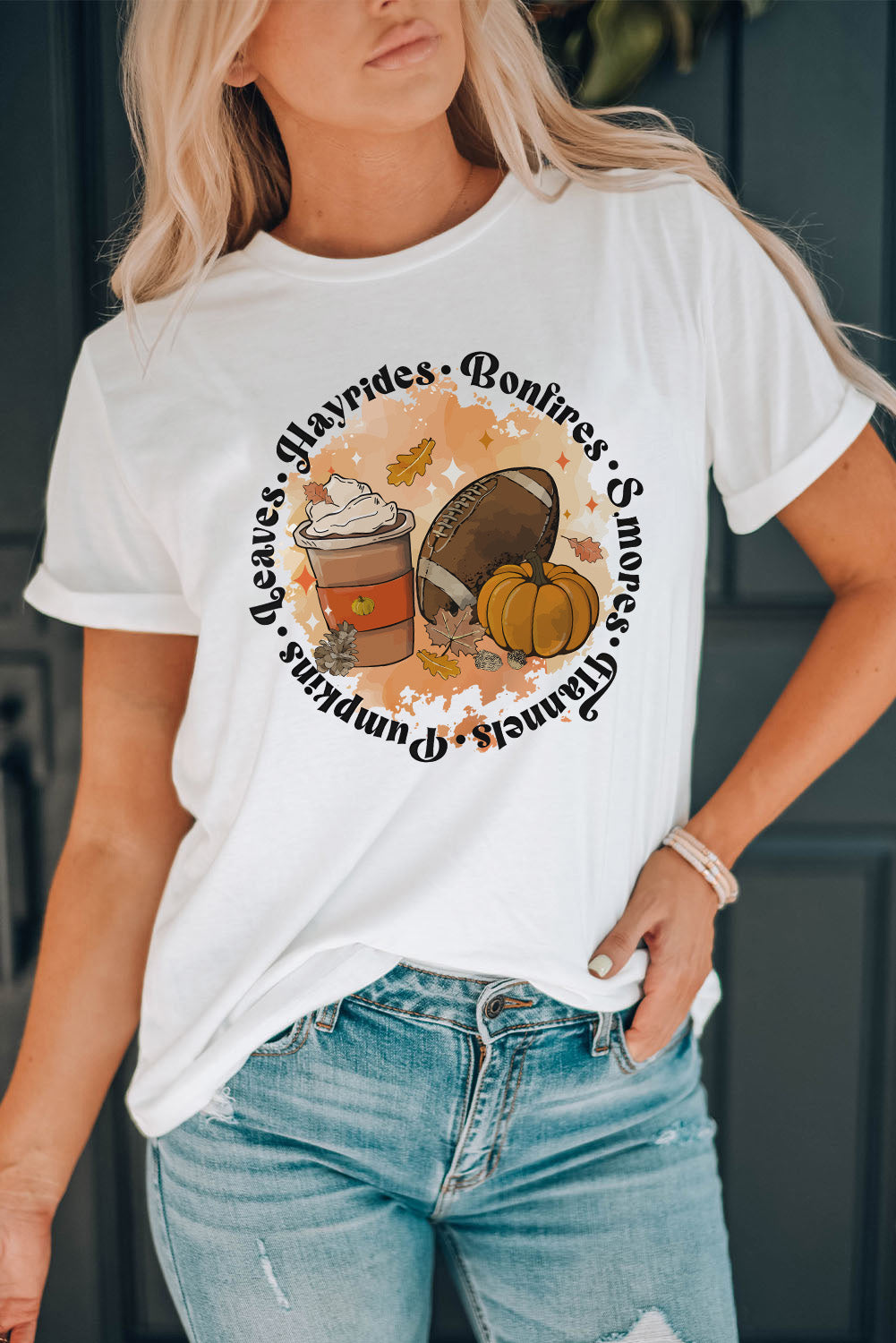 Round Neck Short Sleeve Pumpkin Latte Graphic Tee free shipping -Oh Em Gee Boutique