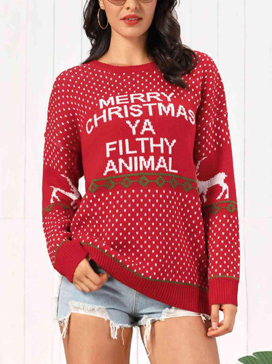 Christmas Element Round Neck Sweater free shipping -Oh Em Gee Boutique
