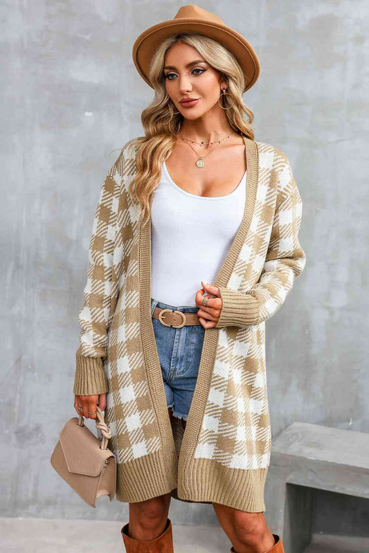 Plaid Open Front Long Sleeve Cardigan free shipping -Oh Em Gee Boutique