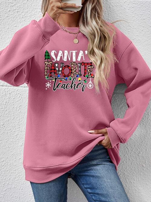 Letter Graphic Sweatshirt, Santa's Favorite Teacher free shipping -Oh Em Gee Boutique