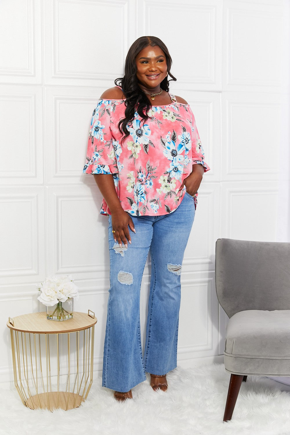 Sew In Love Full Size Fresh Take Floral Cold-Shoulder Top free shipping -Oh Em Gee Boutique