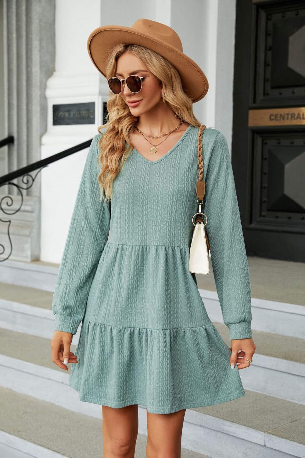 V-Neck Long Sleeve Mini Dress free shipping -Oh Em Gee Boutique