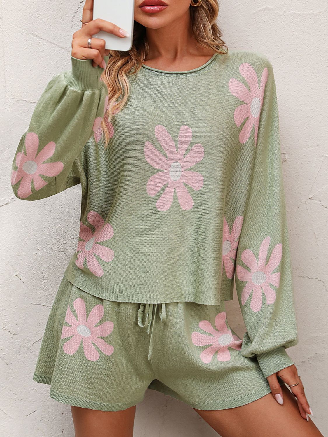 Floral Print Raglan Sleeve Knit Top and Tie Front Sweater Shorts Set free shipping -Oh Em Gee Boutique