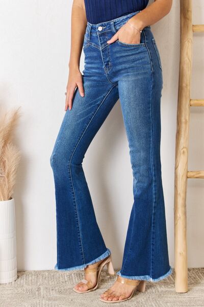 Kancan High Rise Raw Hem Flare Jeans free shipping -Oh Em Gee Boutique