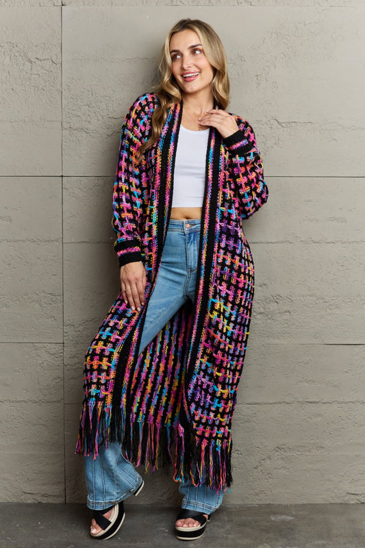Multicolored Open Front Fringe Hem Cardigan free shipping -Oh Em Gee Boutique