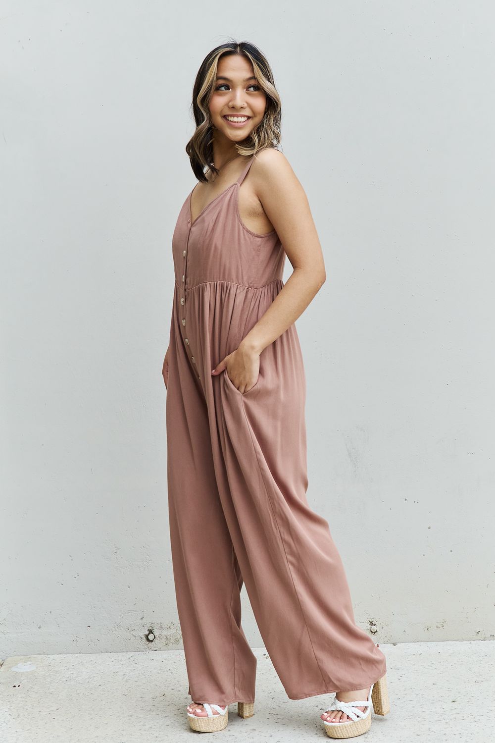 HEYSON All Day Full Size Wide Leg Button Down Jumpsuit in Mocha free shipping -Oh Em Gee Boutique