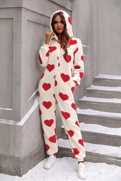 Fuzzy Heart Zip Up Hooded Lounge Jumpsuit free shipping -Oh Em Gee Boutique