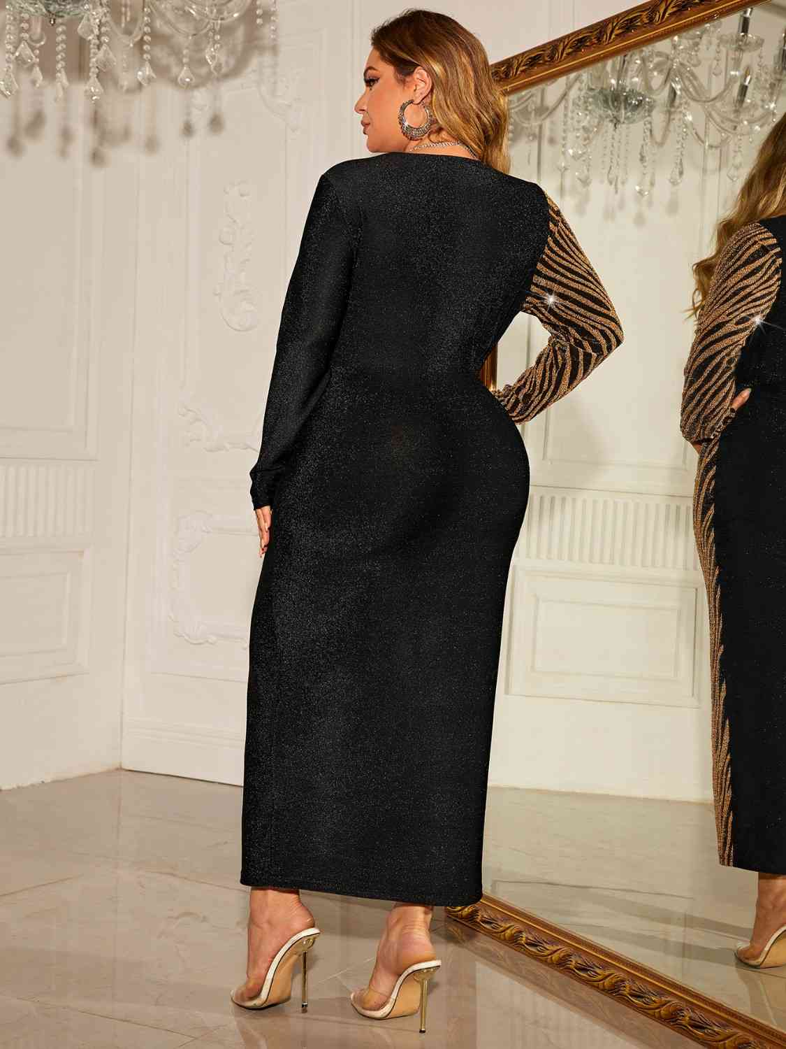 Plus Size Contrast V-Neck Slit Dress free shipping -Oh Em Gee Boutique