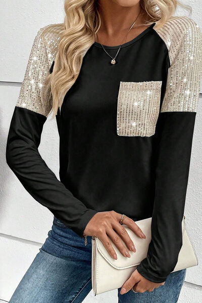 Sequin Round Neck Long Sleeve T-Shirt free shipping -Oh Em Gee Boutique