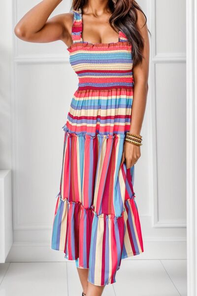 Striped Frill Smocked Tiered Midi Dress free shipping -Oh Em Gee Boutique