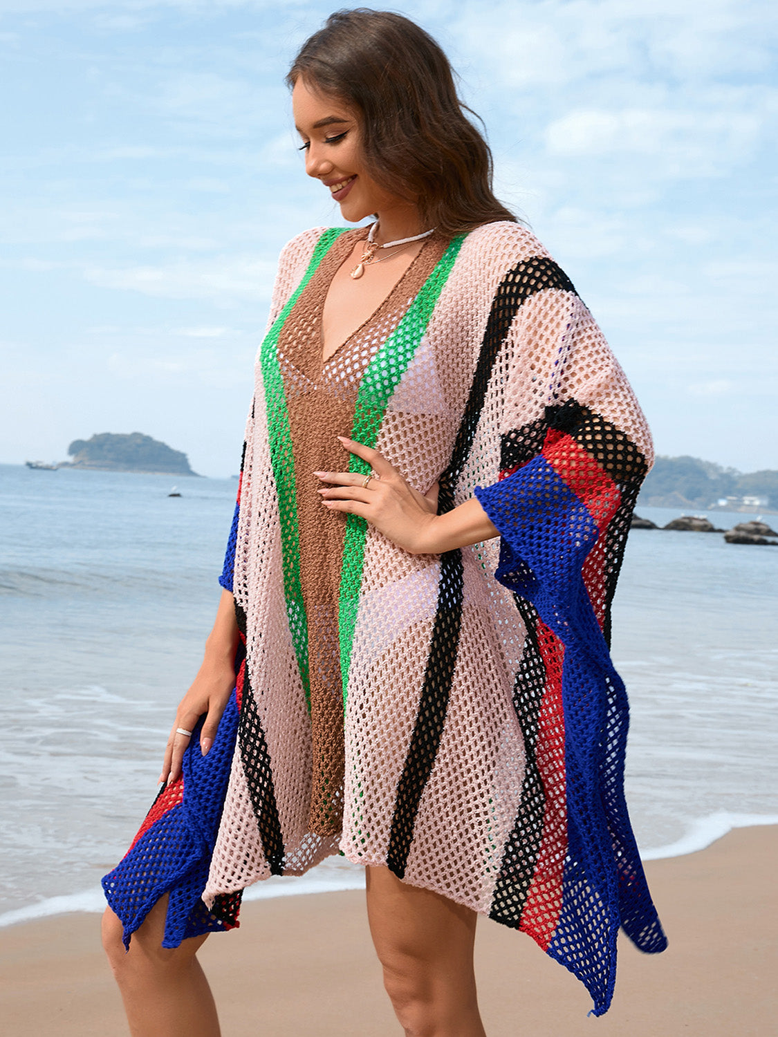 Openwork Color Block Plunge Cover-Up free shipping -Oh Em Gee Boutique
