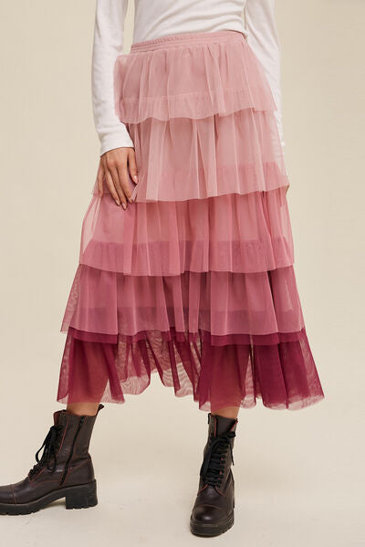 Elastic Waist Layered Tulle Midi Skirt free shipping -Oh Em Gee Boutique