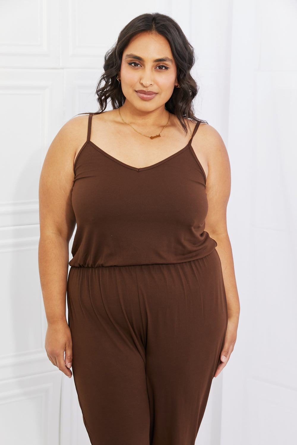 Capella Comfy Casual Full Size Solid Elastic Waistband Jumpsuit in Chocolate free shipping -Oh Em Gee Boutique