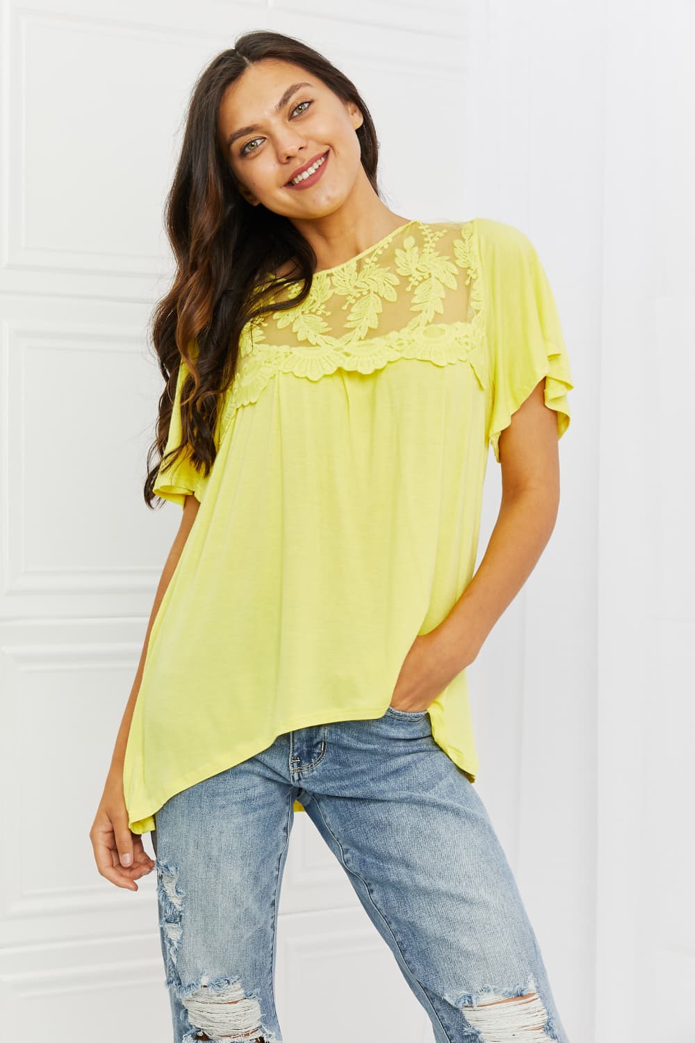 Culture Code Ready To Go Full Size Lace Embroidered Top in Yellow Mousse free shipping -Oh Em Gee Boutique