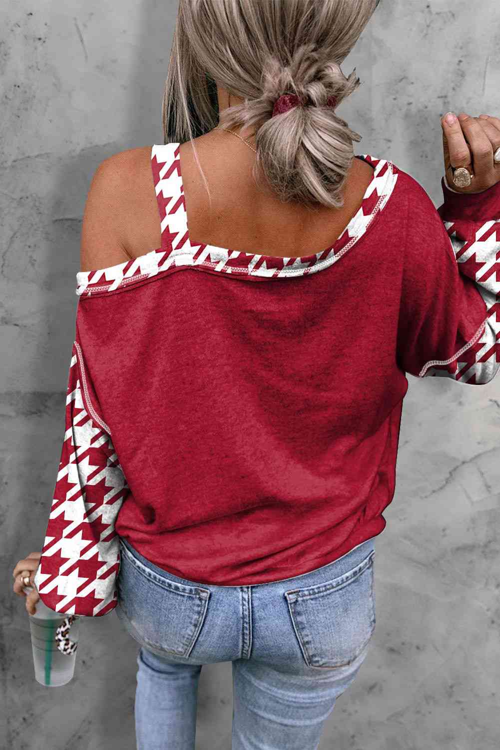Houndstooth Long Sleeve Asymmetrical Neck Top free shipping -Oh Em Gee Boutique