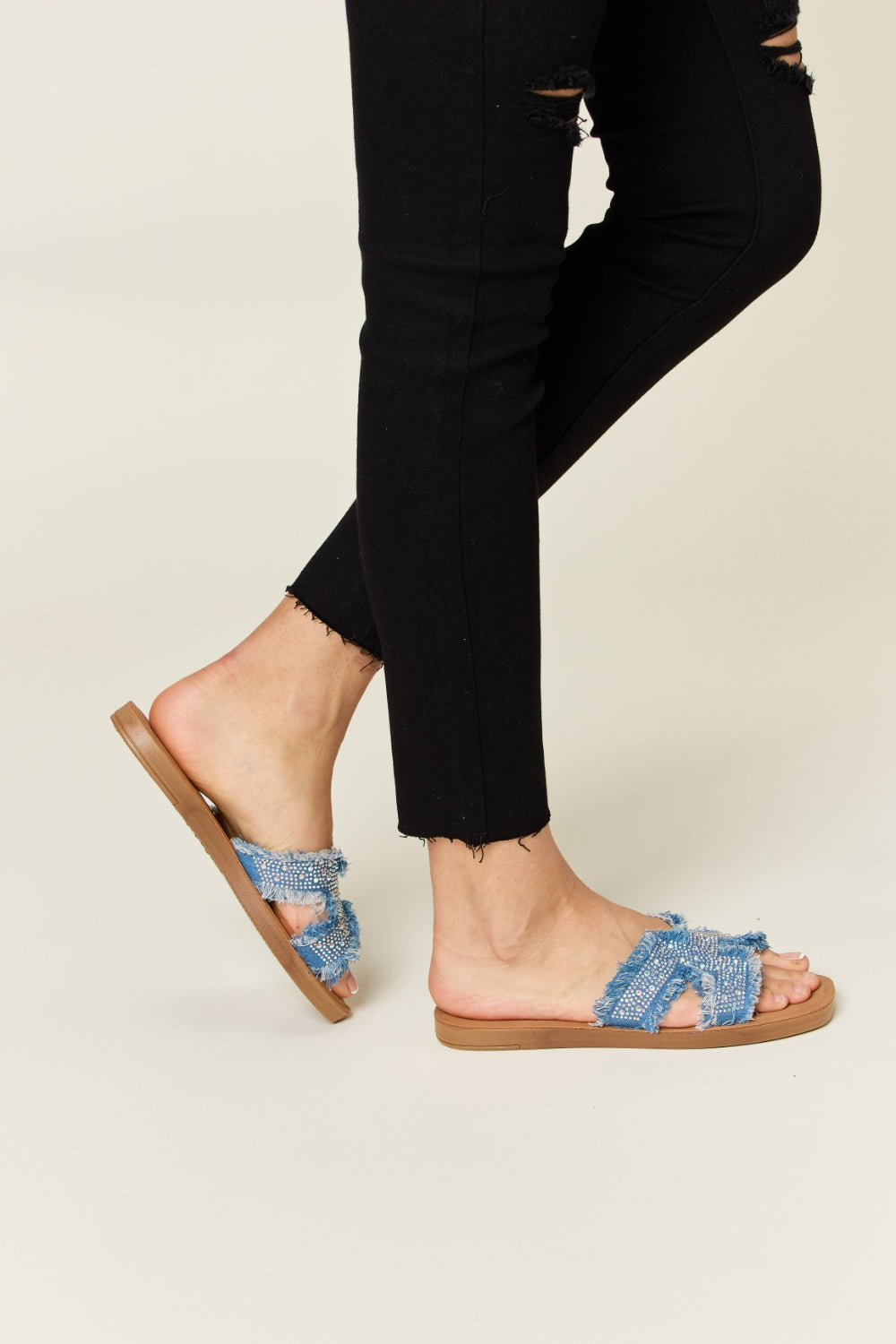 Forever Link Raw Trim Denim H-Band Flat Sandals free shipping -Oh Em Gee Boutique