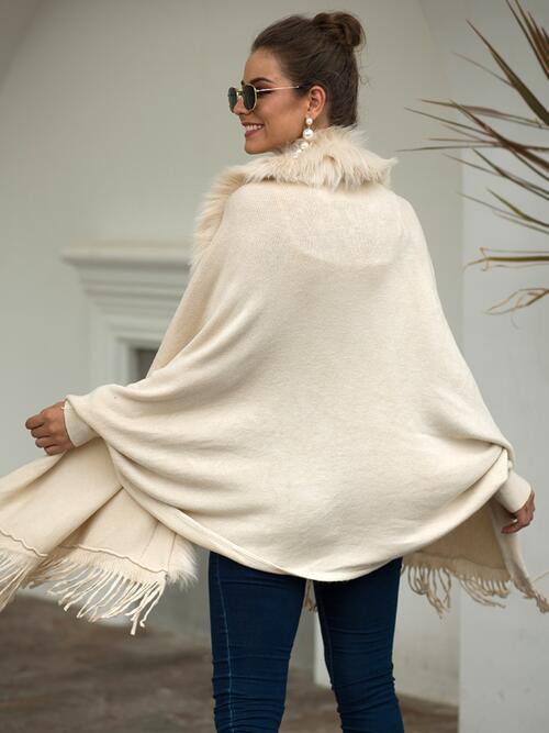 Fringe Open Front Long Sleeve Poncho free shipping -Oh Em Gee Boutique