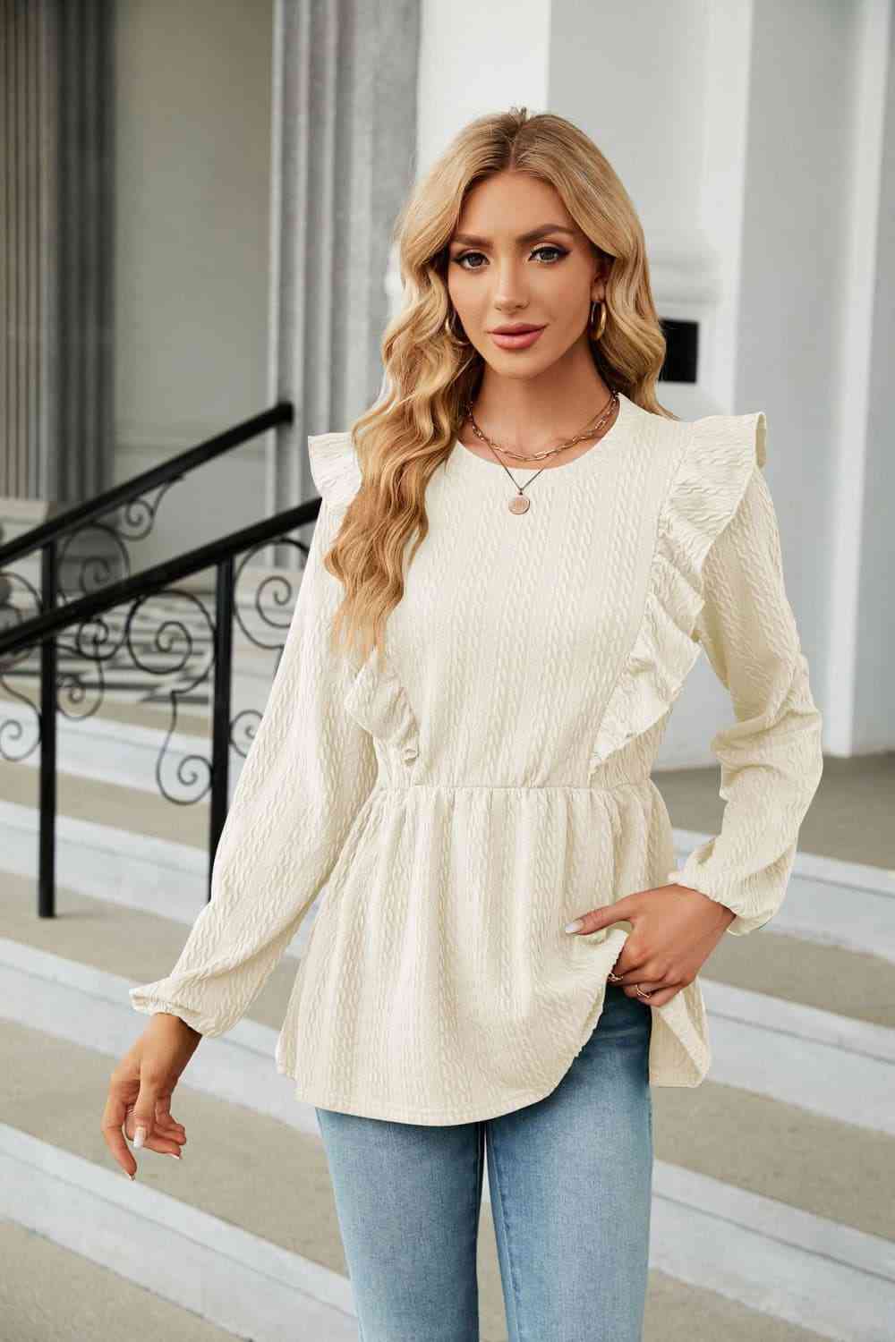Round Neck Ruffled Peplum Blouse free shipping -Oh Em Gee Boutique