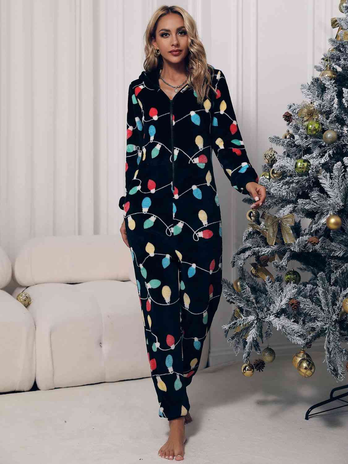 Christmas Lights Zip Front Hooded Lounge Jumpsuit with Pockets free shipping -Oh Em Gee Boutique