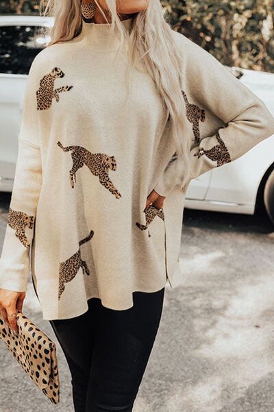 Animal Pattern Mock Neck Long Sleeve Slit Sweater free shipping -Oh Em Gee Boutique
