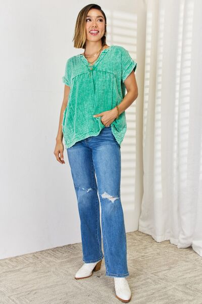 Zenana Washed Raw Hem Short Sleeve Blouse with Pockets free shipping -Oh Em Gee Boutique