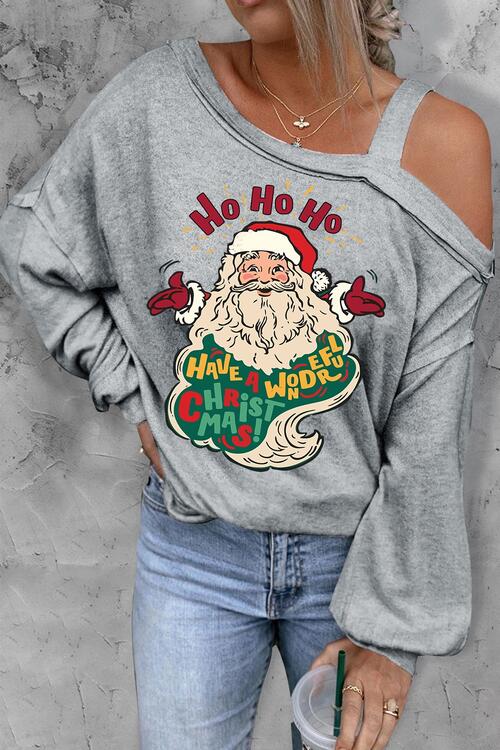 Santa Claus Graphic Asymmetrical Neck Long Sleeve Top free shipping -Oh Em Gee Boutique